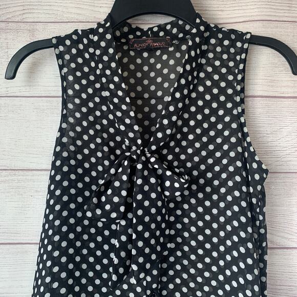 Almost Famous Black with White Polka Dot Sheer Sleeveless Blouse Tie Neck Size S - Picture 2 of 11